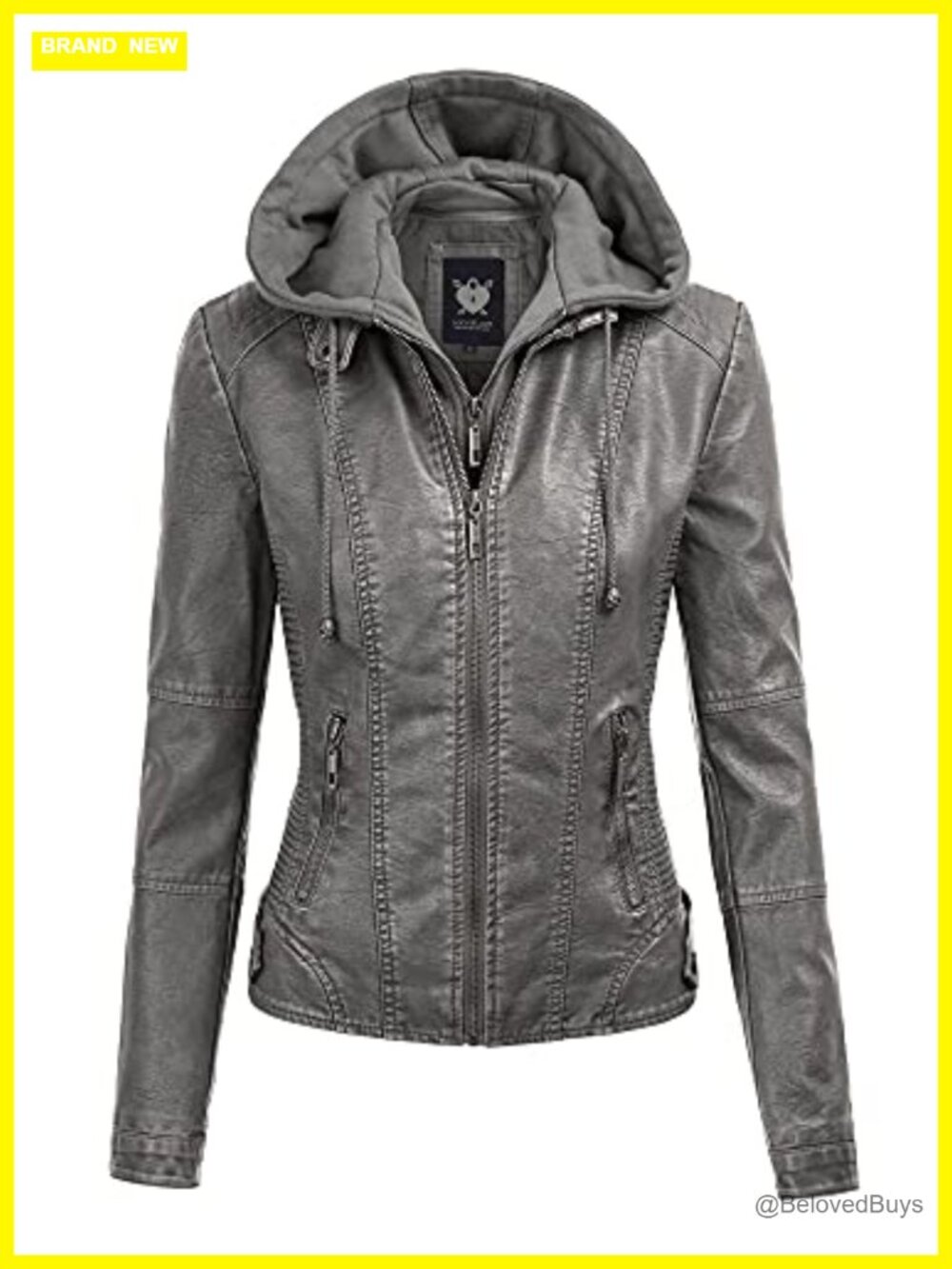 Faux Leather Moto Biker Jacket Removable Hood Zip Pockets